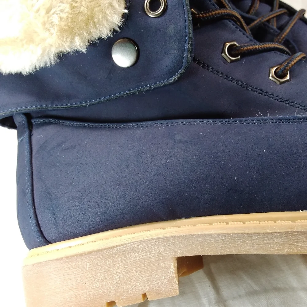 DREAM PAIRS Navy Blue BOOTS Womens Size 10 Faux Fur Lined Lace Up Fold Ankle